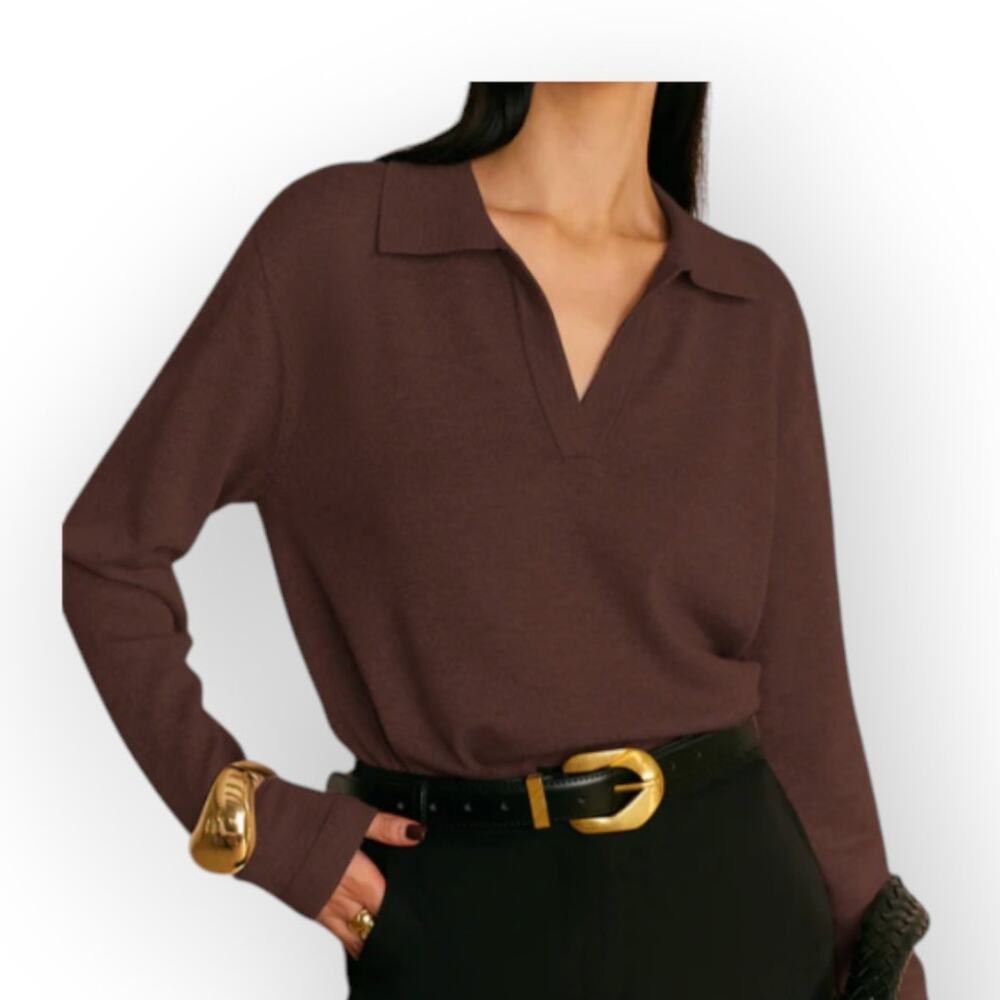 Commense Collar Knit Sweater Pullover Brown Long Sleeve Top XL -  Modern Chic